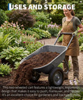 Woman using Heavy Duty Garden Wheelbarrow Cart with Dual Wheels and Built In Stand for easy hauling of soil.