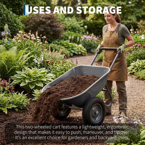 Woman using Heavy Duty Garden Wheelbarrow Cart with Dual Wheels and Built In Stand for easy hauling of soil.