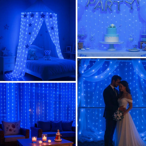 Blue 300 LED Fairy Curtain Lights With Waterproof Waterfall Glow 9.8 Feet By 9.8 Feet 10 Vertical Strands Remote With 8 Modes Plug In Design For Bedroom Patio Garden Party Wedding Wall Ambient Decor