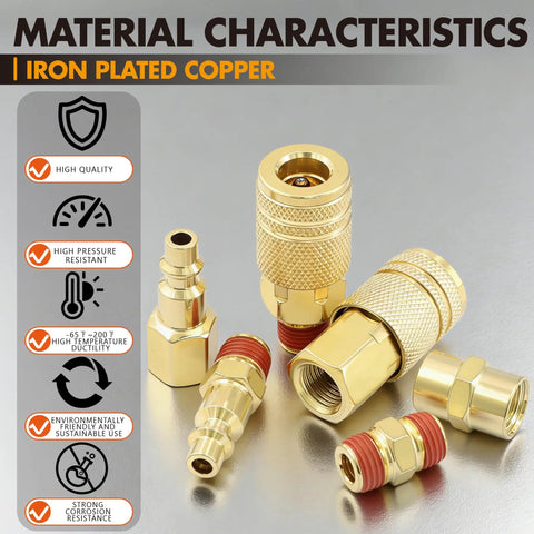Complete 54 Piece One Quarter Inch NPT Air Hose Fittings Kit With Copper Plated Quick Connects And 360 Degree Swivel Adapters Plugs Male And Female Couplers Straight Fittings Adapters And Tube Cutter For Air Compressors And Auto Repair, copper-plated