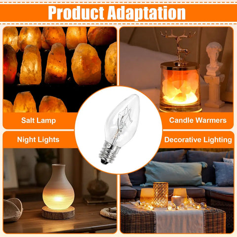 Long Lasting 15 Watt Salt Lamp Bulbs For Himalayan Salt Lamps 10 Pack E12 Base C7 Replacement Bulbs For Night Lights Wax Diffusers And Candle Warmers 120 Volt Dimmable Incandescent Bulbs in various settings like salt lamps and candle warmers.