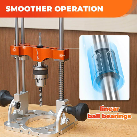 Portable Drill Guide With One Half Inch Chuck And Liner Ball Bearings, Adjustable 0 To 60 Degree Multi Angle Drill Guide in use.