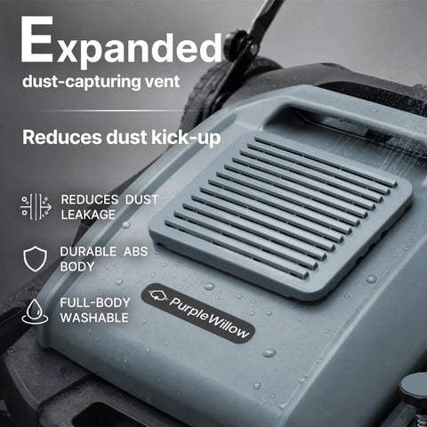 Heavy Duty Manual Floor Sweeper With Forty One Inch Wide Cleaning Path showing expanded dust-capturing vent and durable ABS body.