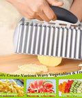 Front view of Amazon Suuker large stainless steel crinkle cutter with black handle for potatoes and veggies.