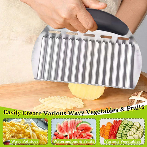 Front view of Amazon Suuker large stainless steel crinkle cutter with black handle for potatoes and veggies.