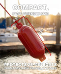 Complete Boat Fender Package With Four Red 8.5 Inch By 27 Inch Bumpers shown on a dock with dimensions