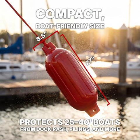 Complete Boat Fender Package With Four Red 8.5 Inch By 27 Inch Bumpers shown on a dock with dimensions