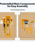 CareArise electric pallet stacker in orange; two-view setup showing pre-installed main parts and fork/base battery kit
