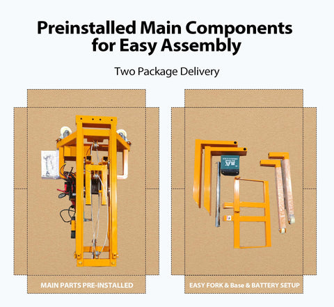 CareArise electric pallet stacker in orange; two-view setup showing pre-installed main parts and fork/base battery kit