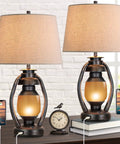 Set of 2 Rustic Farmhouse Table Lamps for Living Room and Bedroom, 3 Way Dimmable Touch Lamps with USB Port on a desk