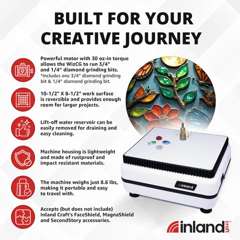 Stained Glass Grinder For Shaping And Drilling With Dual Bit Gear Using Three Quarter Inch And One Quarter Inch Diamond Grinding Bits And 100 Grit Diamond Bits For Smooth Edges 115 Volt Only White And Red, displayed on a promotional image with glass pieces.