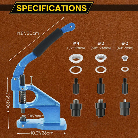 Heavy Duty Hand Press Grommet Tool Kit With 3 Dies And 1500 Silver Grommets, Grommet Punch Machine specifications.
