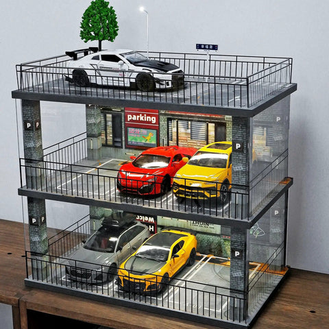 1 24 Scale Diecast Model Car Display Case Cabinet With USB Lights And Acrylic Cover showing multi-level parking with sport cars