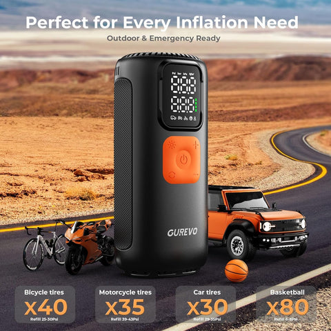 Portable Tire Inflator Air Compressor With Digital Pressure Gauge Auto Shutoff 160 Psi in desert with bike and SUV