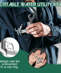 Person holding Two Pack 4 Way and 6 Way Sillcock Water Key Set Handy Multi Function Wrench for Valve Faucet Spigot Shut Off Tool Great for Plumbers and DIYers Includes Square Key Sizes 1/4 9/32 5/16 and 11/32 Inches