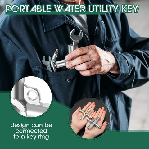 Person holding Two Pack 4 Way and 6 Way Sillcock Water Key Set Handy Multi Function Wrench for Valve Faucet Spigot Shut Off Tool Great for Plumbers and DIYers Includes Square Key Sizes 1/4 9/32 5/16 and 11/32 Inches