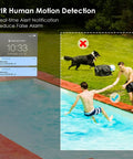 PIR motion detection alerts on phone app by pool; Solar Outdoor Security Camera Wireless Wire Free 1080p With Night Vision.