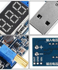 Six Pack USB Buck Boost Converter Modules close-up showing USB port, digital display, adjustable components, and circuit board details