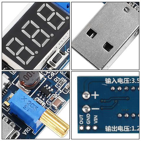 Six Pack USB Buck Boost Converter Modules close-up showing USB port, digital display, adjustable components, and circuit board details