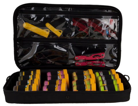 Jar Bait Folder Tackle Organizer For Anglers, 16 jar capacity, black and red storage bag open with visible tools and jars