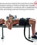 Universal Belt Squat Collar For Nordic Hamstring Curl On Bench, showing use during bench press workout, with secure black strap.