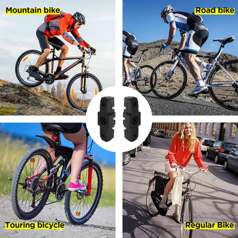 Collage featuring two pairs bicycle brake pads replacement for HS11 HS22 HS24 HS33 with mountain, road, touring, and regular bikes
