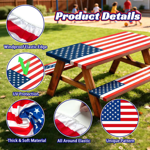 All American Patriotic Picnic Table Cover Set With Bench Covers American Flag Waterproof Windproof Fitted Tablecloth Elastic