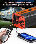 No Sweat Campground Ready 2000 Watt Pure Sine Wave Inverter Car Power Converter connected to solar panel, remote control, charging phone.