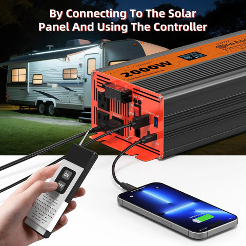 No Sweat Campground Ready 2000 Watt Pure Sine Wave Inverter Car Power Converter connected to solar panel, remote control, charging phone.