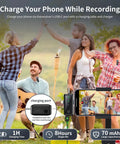Group recording with Wireless Lavalier Microphone For iPhone And Android, 2 Pack Clip On Lapel Mic, nature setting visible, phone charging.