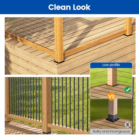 4 Pack Wood Post Plate Connectors For 3.5 By 3.5 Posts Deck Post Base Plate For Fence And Railing Black 45 Steel WT25 installed