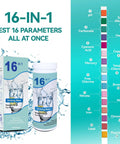 Big Time 16 In 1 Drinking Water Testing Kit With 100 Rapid Test Strips showing water test parameters and container design.