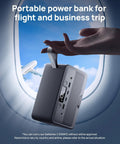 Hand holding Ultra Portable Power Station 89.6Wh LiFePO4 Battery With 100W Continuous Output near airplane window