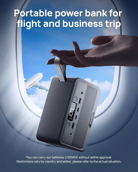 Hand holding Pocket Sized Power Station With LiFePO4 Battery, 89.6Wh, 100W Continuous Output And 200W Peak near airplane window