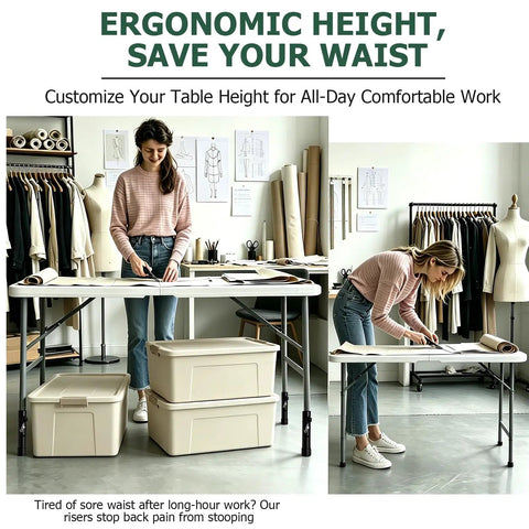 Heavy Duty 4 Piece Foldable Table Leg Extenders Adjustable Height Riser Kit With Two Quick Rise Settings For Camping And Crafting Easy As Pie Setup That Takes The Kink Right Out Of Your Back For All Day Comfort in use with a woman crafting at an adjustable table.