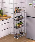 Go-To Slim 4-Tier Rolling Cart With Lockable Wheels And Handy Hooks And Bucket, A Mobile Utility Storage Solution For Office, Kitchen, Laundry, Bathroom And Living Room In Clear Finish