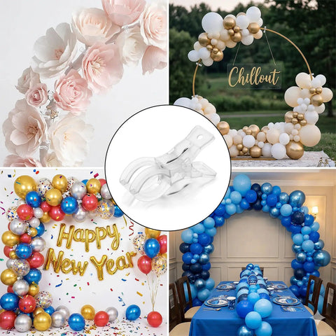Clear 3.5 Inch Spring Clamps displayed with balloon arches and party décor setups for versatile securing, 20 pack.