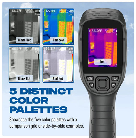 All In One Thermal Imaging Camera For Pros And DIYers With 320 By 240 Screen, displaying five color palettes for HVAC inspections.