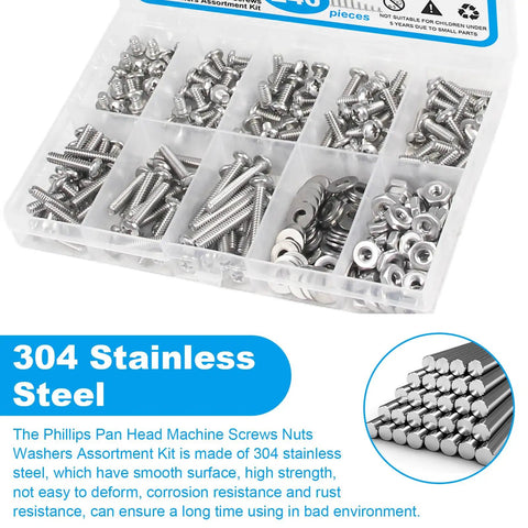 240 Piece Stainless Steel Phillips Pan Head Machine Screws Nuts And Washers Set in clear box