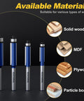4pc Flush Trim Router Bit Set With 1/4 Inch Shank And Bottom Bearing For Woodworking Durable Industrial Carbide Blades