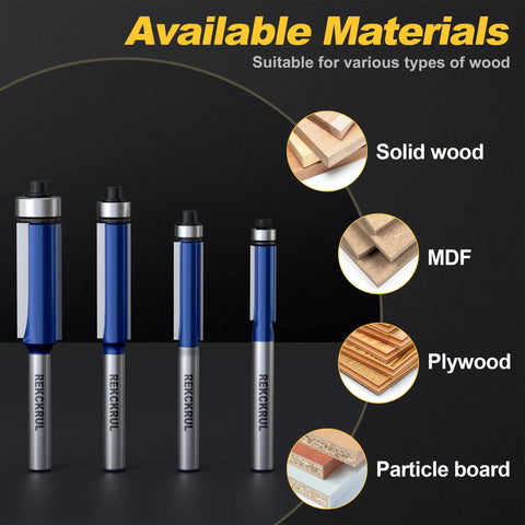 4pc Flush Trim Router Bit Set With 1/4 Inch Shank And Bottom Bearing For Woodworking Durable Industrial Carbide Blades