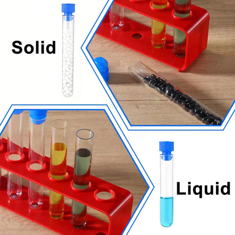 All In One Test Tube Rack Set With 12 Clear Test Tubes And Two Red Racks In Blue And Red Integrated Pack for science experiments.
