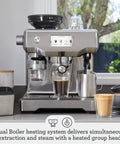 Level Up Your Daily Grind With This Pro Grade Bean To Cup Espresso Machine Featuring A Built In Grinder Automatic Milk Steamer And Sophisticated Black Truffle Design, showcasing dual boiler system with brewed espresso.