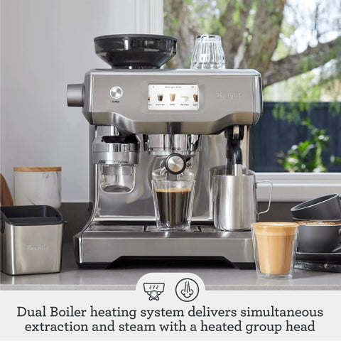 Level Up Your Daily Grind With This Pro Grade Bean To Cup Espresso Machine Featuring A Built In Grinder Automatic Milk Steamer And Sophisticated Black Truffle Design, showcasing dual boiler system with brewed espresso.