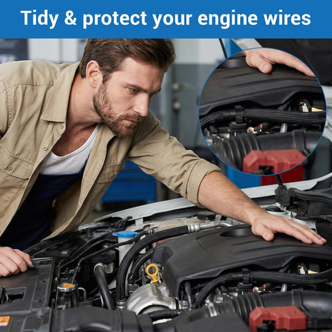 Mechanic using 131 Ft Expandable Braided Cable Sleeve Wire Loom All In One Kit for engine wire management in car engine bay