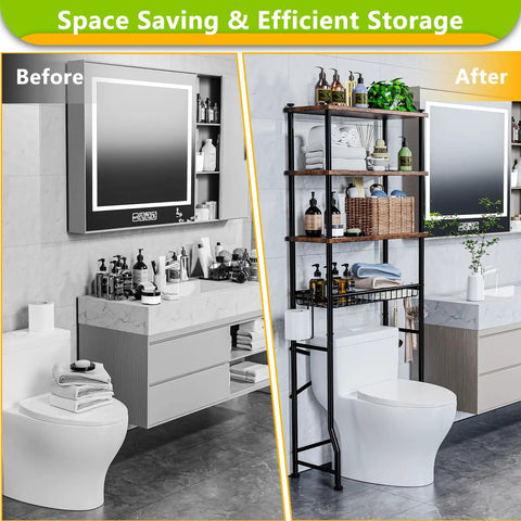 Before and after installation of Four Tier Over The Toilet Storage Shelf Organizer For Bathroom Freestanding 4 Shelf Cabinet