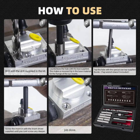 Instruction steps for Pro Grade Heavy Duty Thread Repair Kit M11x1.25x28.2mm With Stainless Steel Inserts And HSS Drill Tap Counterbore Installation