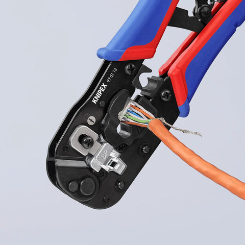 RJ45 Western Plug Crimping Pliers, 7 And A Half Inch, 8P8C Pro Grade Network Tool crimping an Ethernet cable close-up