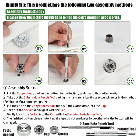Instruction guide for No Sew 12 Sets 15mm Snap Button Fastener Kit With 4 Metal Install Tools For Denim Jeans Pants Leather Bags
