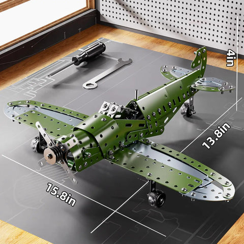 Metal Model Airplane Kit For Kids Ages 8 12, STEM Building Toy With 285 Parts And Tools displayed with dimensions on a workbench.